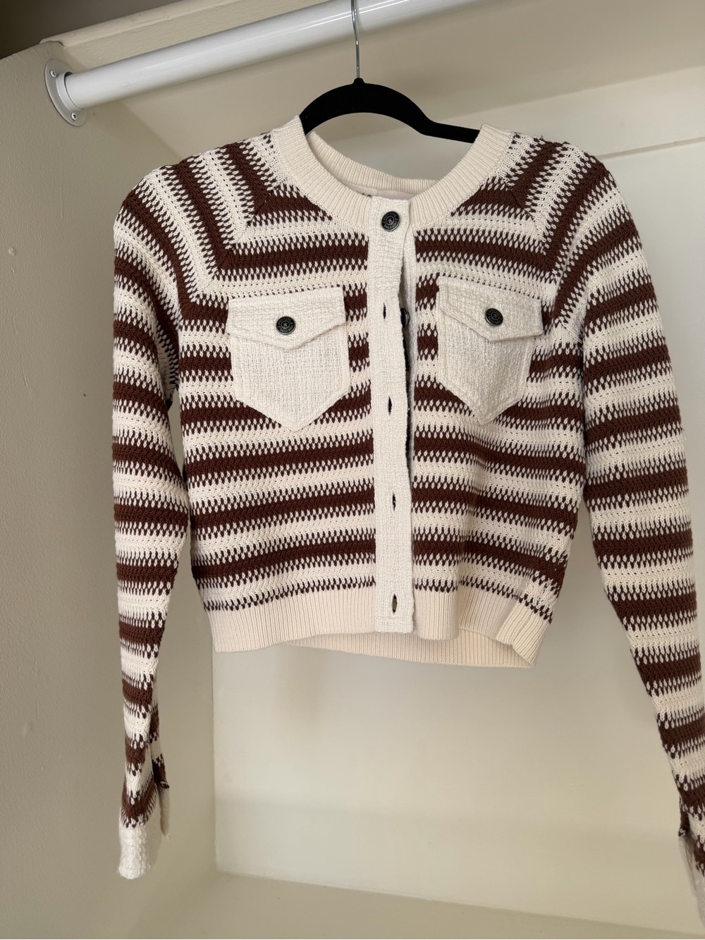 cinq a sept Striped Cropped Cardigan in Cream and Brown